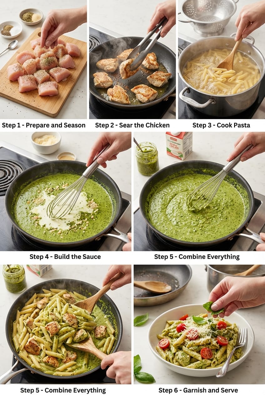 Step by step cooking creamy pesto chicken pasta