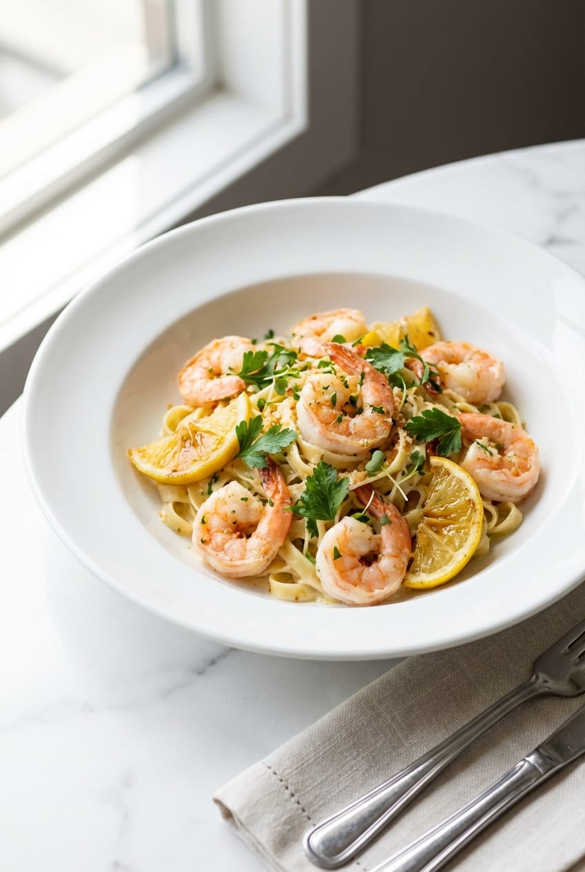 Creamy garlic butter shrimp pasta main dish