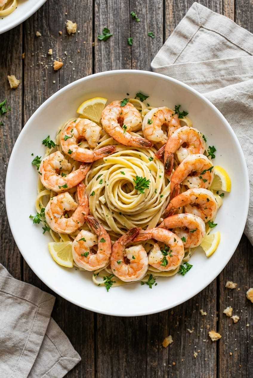 Overhead view of creamy garlic butter shrimp pasta