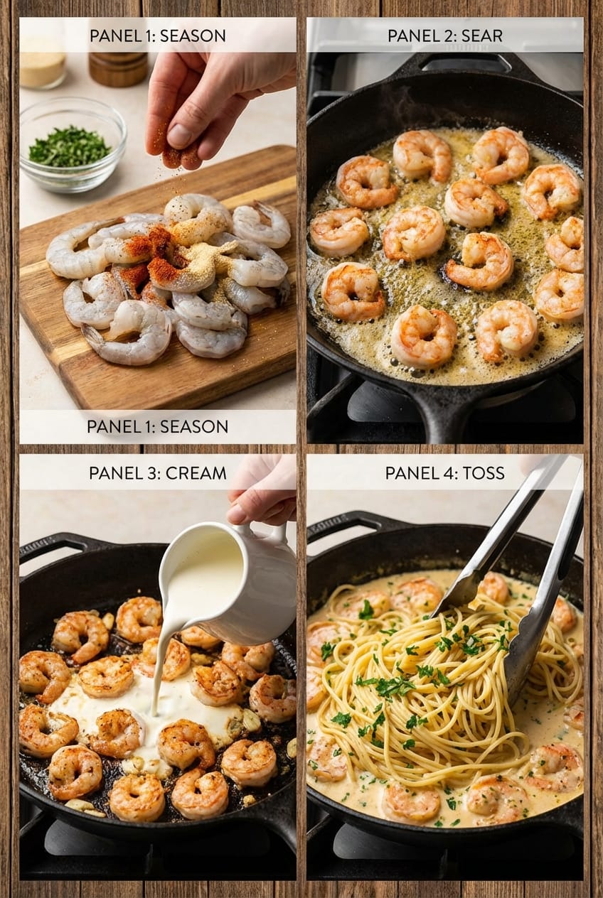 Step by step process for making creamy garlic butter shrimp pasta